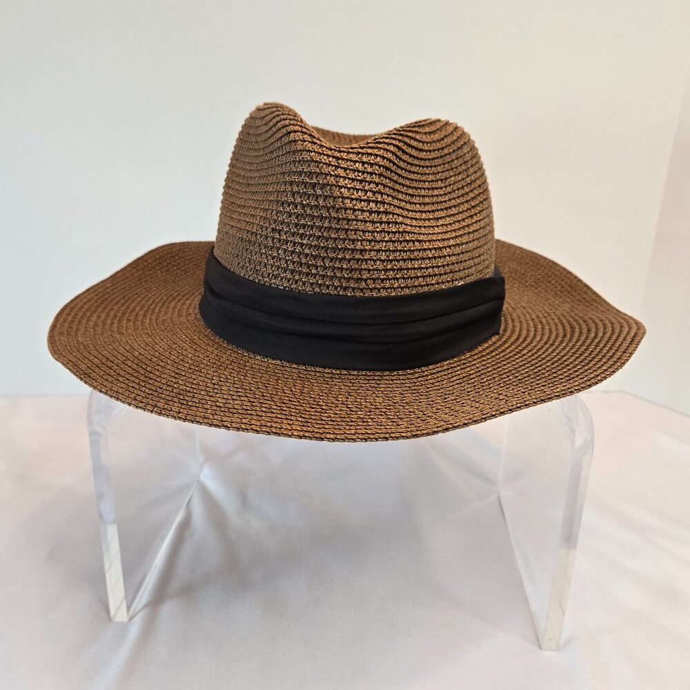 UNISEX Wide Brim Panama Hat Fedora Summer Beach Sun Hat  Dark Brown/Black Ribbon